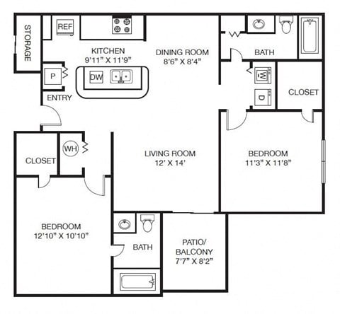 Floor plan for 2 beds, 2 baths, 1132 sqft